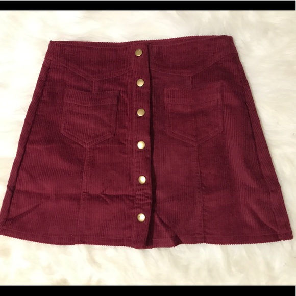 Corduroy Button Front Skirt- Wine - Picture 2 of 4